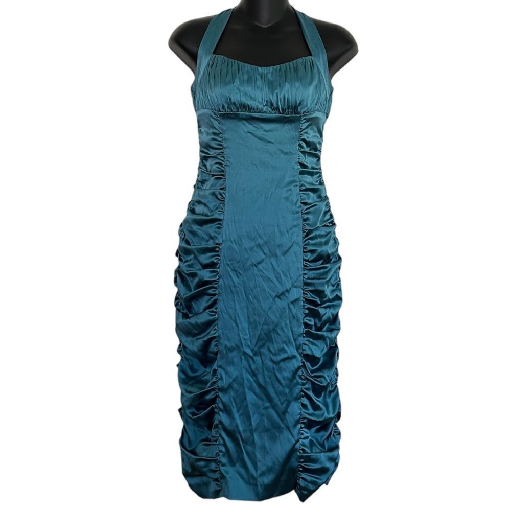 Betsey Johnson Y2K Babydoll Silk Dress Size 2 Whimsigoth 90s Ruched Halter Midi